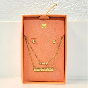 Lucky Gold-Tone Stone & I Love Mom Layered Pendant Necklace & Stud Earrings Set